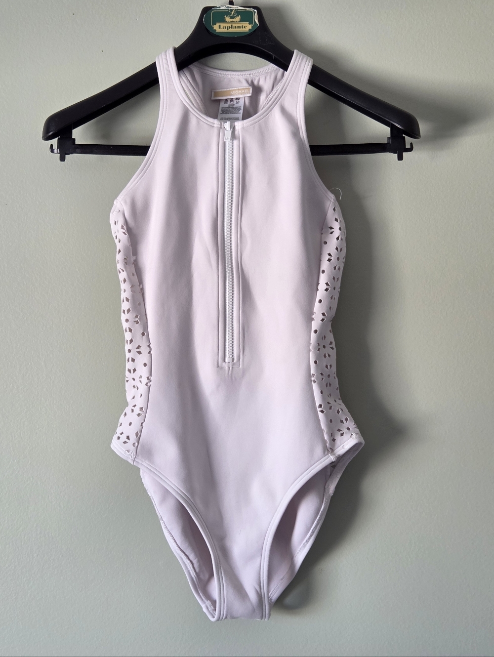 Michael Kors Lilac Laser Eyelet Zip-Front Racerback One-Piece Swimsuit Sz 6 - Picture 2 of 14